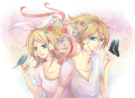 Len Rin - bird, vocaloid, kagamine, kawai, flowers, rin, animal, twins, butterfly, cute, bow, len