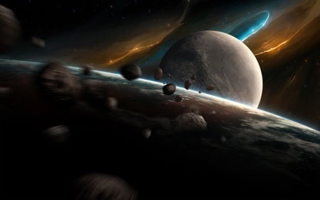 Nightfall - nightfall, moon, planets, space, rocks, earth