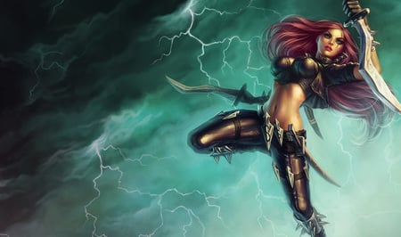 Katarina - The Sinister Blade - beauty, sky, assassin, female, hot, video game, blade, fantasy, sinister, clouds, league of legends, sword, sexy, long hair, the sinister blade, katarina splash, katarina - the sinister blade, power, cg, hd, adventure, action, weapon, lightning, splash, katarina, strength