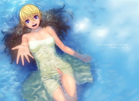 Come Join Me - infinite stratos, anime girl, water, beautiful, hot, blonde hair, beauty, long hair, purple eyes, charlotte dunois, laserk, cute, sexy