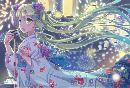 Hatsune Miku - pretty, artistic, flowers, japan, nice, fireworks, program, lanterns, beauty, kimono, virtual, cg, white, cute, aqua eyes, culture, song, japanese, vocaloid, anime, twintail, hatsune miku, microphone, music, aqua, tradition, art, idol, anime girl, beautiful, singer, girl, cool, black, miku, awesome, diva, digital, aqua hair, hatsune, vocaloids