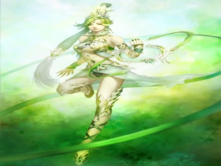 Beauty of Dance - beauty of dance, beauty, big breasts, sexy, hot, green color, female, thigh boots, warrior, anime girl, original, armor, cool, sweet, ribbon, cute