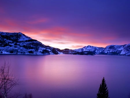 Satin sunrise - calm, glow, purple, smooth water, sunrise, lake, mountains, pink