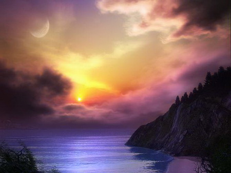 Hazy eve - blue water, trees, clouds, golden sky, water, sunset, haze, cliffs