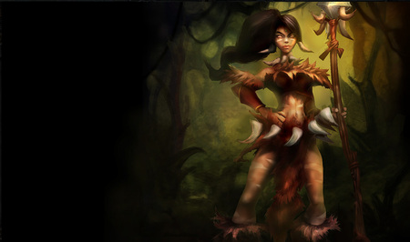 Nidalee - The Bestial Huntress - pretty, nidalee, female, league of legends, girl, nidalee splash, nidalee - the bestial huntress, huntress, cg, fantasy, hd, weapon, the bestial huntress, splash, action, video game