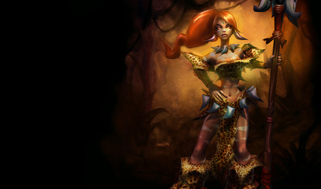 Nidalee - The Bestial Huntress - female, nidalee - the bestial huntress, video game, fantasy, pretty, league of legends, nidalee splash, nidalee, girl, huntress, cg, hd, weapon, action, the bestial huntress, blonde, splash