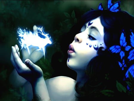 Forest Nymph - blue, moose, beautiful, girl, forest, light, nymph, green, woman, butterfly