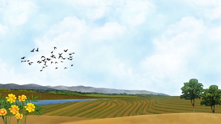 Row Crops - lake, farm, sky, trees, farming, crop, plants, country, clouds, flowers, pond, firefox persona