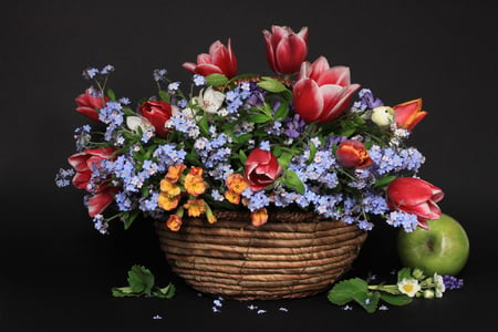 Spring Fiesta - flowers, basket, apple, still life, fiesta, spring