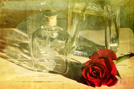 red rose - vintage, red, rose, still life, bottles