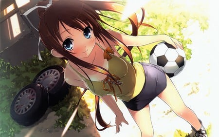 Anime Soccor Girl - anime, anime girl, blue, ball, soccor ball, girl, eyes, long, long hair, hair, short, cute, soccor, blue eyes