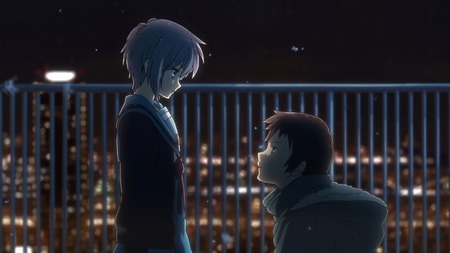 Yuki and Kyon - kneed down, suzumiya haruhi, haruhi, night, backlite, suzumiya, nagato, backlight, yuki, roof, nagato yuki, kyon, yuki nagato, city, back light, haruhi suzumiya, kneed, back lite