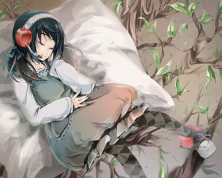 anime - sleep, blush, yard, black hair, dress