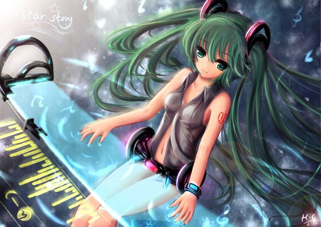 Hatsune Miku - Star Story - aqua, hot, headset, append, thighhighs, music, anime girl, white, piano, art, yellow, cool, aqua eyes, artistic, hatsune miku, sexy, song, vocaloids, program, vocaloid, pink, beautiful, uniform, diva, beauty, nice, twintail, singer, aqua hair, miku append, black, virtual, painting, pretty, idol, anime, miku, cute, stars, girl, drawing, cg, hatsune, microphone, blue, headphones, awesome, digital, gray, outfit