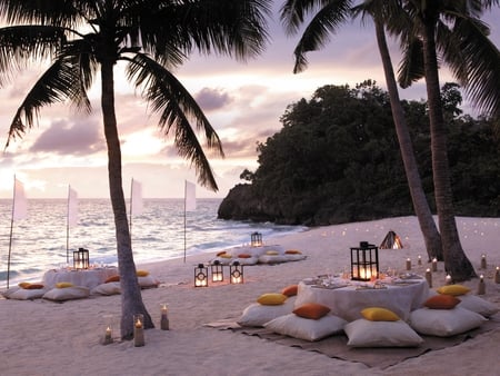 Romance on the beach ... - pretty, calm, relax, beach, romance, sand, dinner, exotic, candles, nice, sky, palms, water, beautiful, photography, lanterns, sea, beauty, lovely, cool, ocean, harmony, peaceful