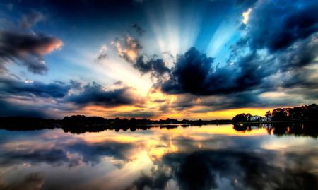 Sunset - clouds, blue sunset, trees, blue, colors, reflection, sunset, nature, lake, houses, sky