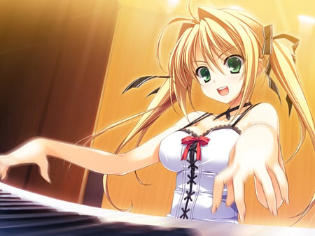 Music Time - anime, brown, eyes, blonde, long, wink, red, blond, hd, ribbons, piano, girl, hair, white, green, cute, background, sexy, wallpaper