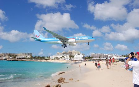 flying low - beach, sky, ocean, photography, water, plane, airplane, nature, aircraft, clouds, sand