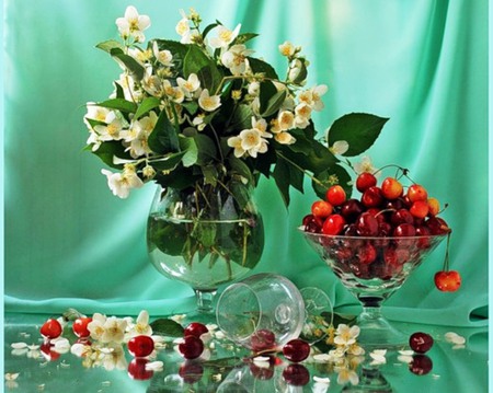 Still life - glasses, flowers, still life, abstract, fruit, photography, cherry, nature, color, green