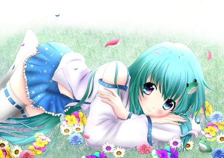 Cute Girl - anime, blue, eyes, grass, flowers, short, hd, skirt, girl, thighhighs, blush, hair, green, cute, background, sexy, wallpaper