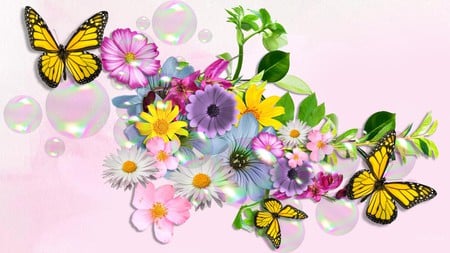 Spring Glory - summer, butterflies, pink, firefox persona, flowers, bubbles, daisies, color