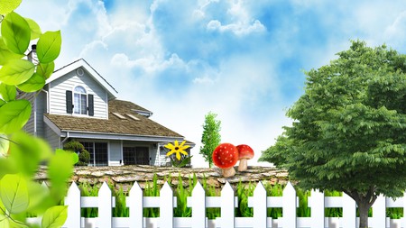 Summer Sunshine - house, trees, log, home, flowers, toadstools, musrhooms, yard, sky, white picket fence