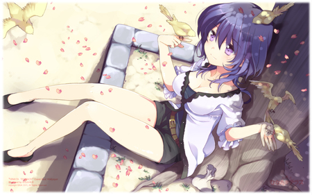 Anime - short hair, bird, dress, barefood, purple hair, purple eyes