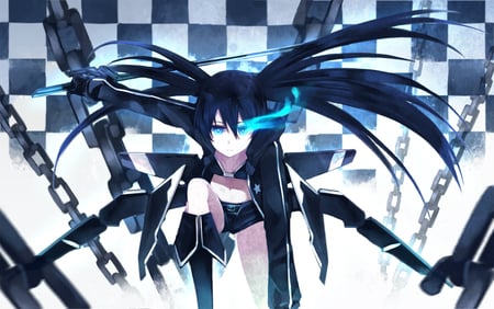 Black Rock Shooter - nice, beauty, aqua, movie, hot, chain, thighhighs, twintail, brs, aqua hair, black, white, pretty, cool, katana, anime, aqua eyes, sword, checkered, cute, ova, sexy, light, glow, blue, beautiful, awesome, black rock shooter