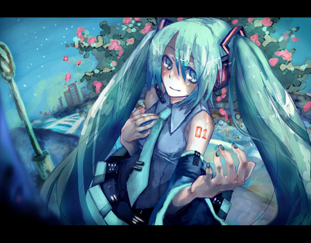 come here - twin tails, flowers, pretty, reaching out, anime, mku, girl