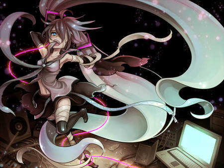 glow ribbon - vocloid, ribbon, miku, twin tails, anime, laughing