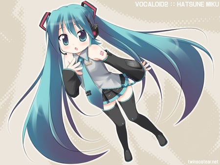 Hatsune Miku - aqua, headset, thighhighs, music, anime girl, white, art, cool, aqua eyes, artistic, hatsune miku, skirt, song, vocaloids, program, vocaloid, beautiful, uniform, diva, beauty, nice, twintail, singer, aqua hair, black, virtual, pretty, idol, anime, miku, cute, girl, cg, hatsune, microphone, headphones, blue, tie, digital, awesome, gray, outfit