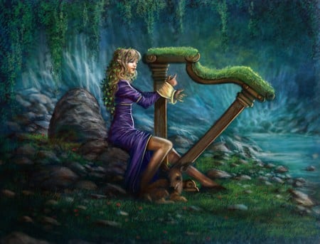 THE HARP - purple, elf, forest, female, harp, music, dress