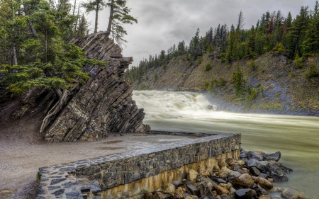 Bow Falls - forests, nature, waterfall, overcast, rivers, beautiful, small, mountains