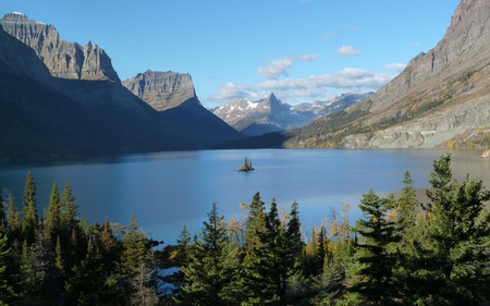 Wild Goose Island - calm, clouds, blue, beautiful, small, serene, island, scenic, skies, forests, nature, mountains, lakes