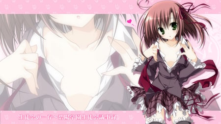 Anime Wallpaper - hot, heart, ribbons, hair, black, brown, anime, cute, skirt, sexy, background, girl, wallpaper, hd, pink, red, dress