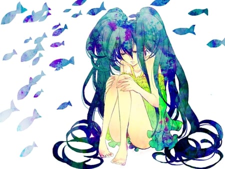 vocaloid - blue hair, fish, long hair, miku hatsune, dress