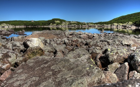 Red Pond - blue, beach, beautiful, small, skies, rocky, nature, mountains, lakes