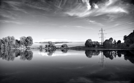 Lake Mirror - clouds, shoreline, beautiful, photography, reflection, skies, black, white, nature, clear, lakes