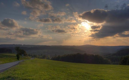 Sun Ta Moto - calm, beautiful, road, serene, foressts, valley, sunsets, nature, dusk, peaceful, cloudy, rural