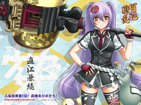 hyakka ryourain samurai girls - red eyes, long hair, weapon, purple hair, dress