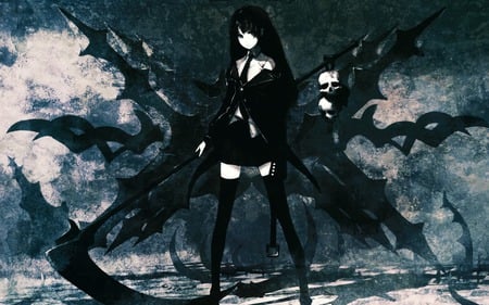 anime - black, girl, skulls, anime