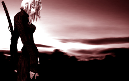 On dark ground - sword, girl, anime, dark