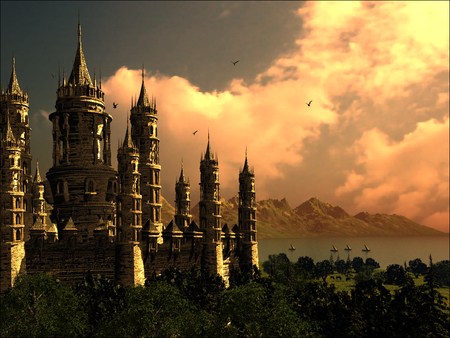 Castle in Sunset - buliding, sunset, castle, sky