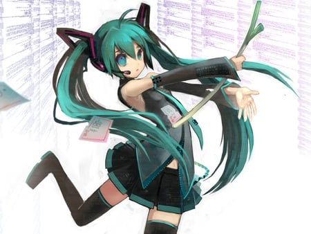 Hatsune Miku - aqua, headset, thighhighs, music, anime girl, leek, white, art, cool, aqua eyes, artistic, hatsune miku, skirt, song, vocaloids, program, vocaloid, beautiful, uniform, diva, beauty, nice, twintail, spring onion, outifit, aqua hair, singer, black, miku hatsune, virtual, pretty, idol, green, anime, cute, girl, cg, microphone, headphones, negi, tie, awesome, digital