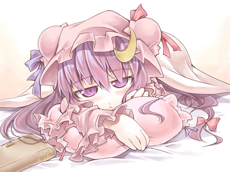 touhou - nyagakiya, bored, touhou, patchouli knowledge, pink, cute, pillow