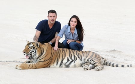 Megan,Brian, and a big cat - brian, actors, megan, woman, beautiful, man, big cat