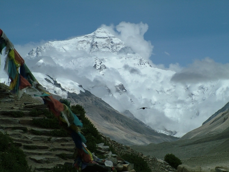 North Face of Everest Tibet - valley, sky, mountain, scenic, peaks, flag, cloud, snow, clouds, scenery, tibetan, flags