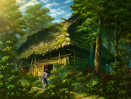 abandoned house - anime, green, art, house