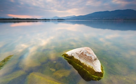 Falling Into Infinity - calm, clouds, reflections, water, town, beautiful, scenic, nature, picturesque, clear, dusk, mountains, lakes, rocks