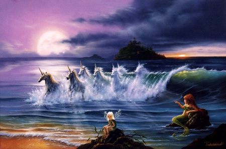 Jim Warren * Fairy - moon, jim warren, painting, fairy, sea, art, horse